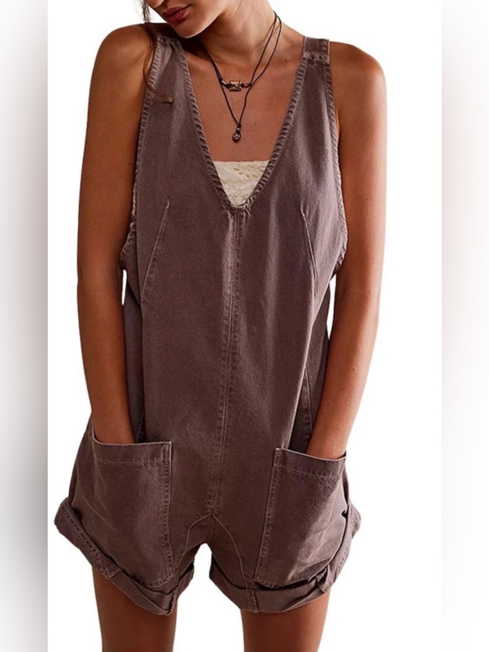 Women’s Casual Brown Denim Romper Rolled Barrel Legs